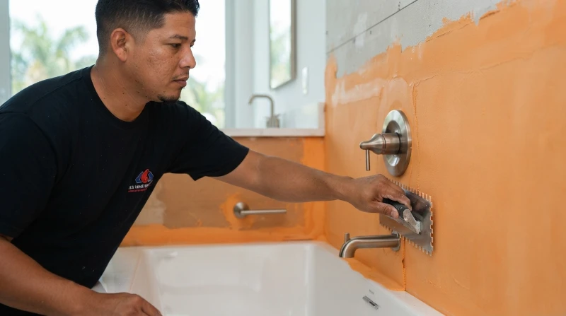 Bathroom fixture installation at the bathtub wall