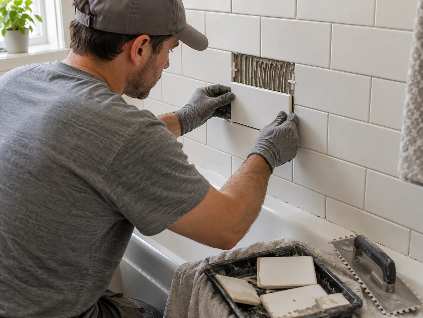 Illustration of a worker replacing a bathroom wall tile